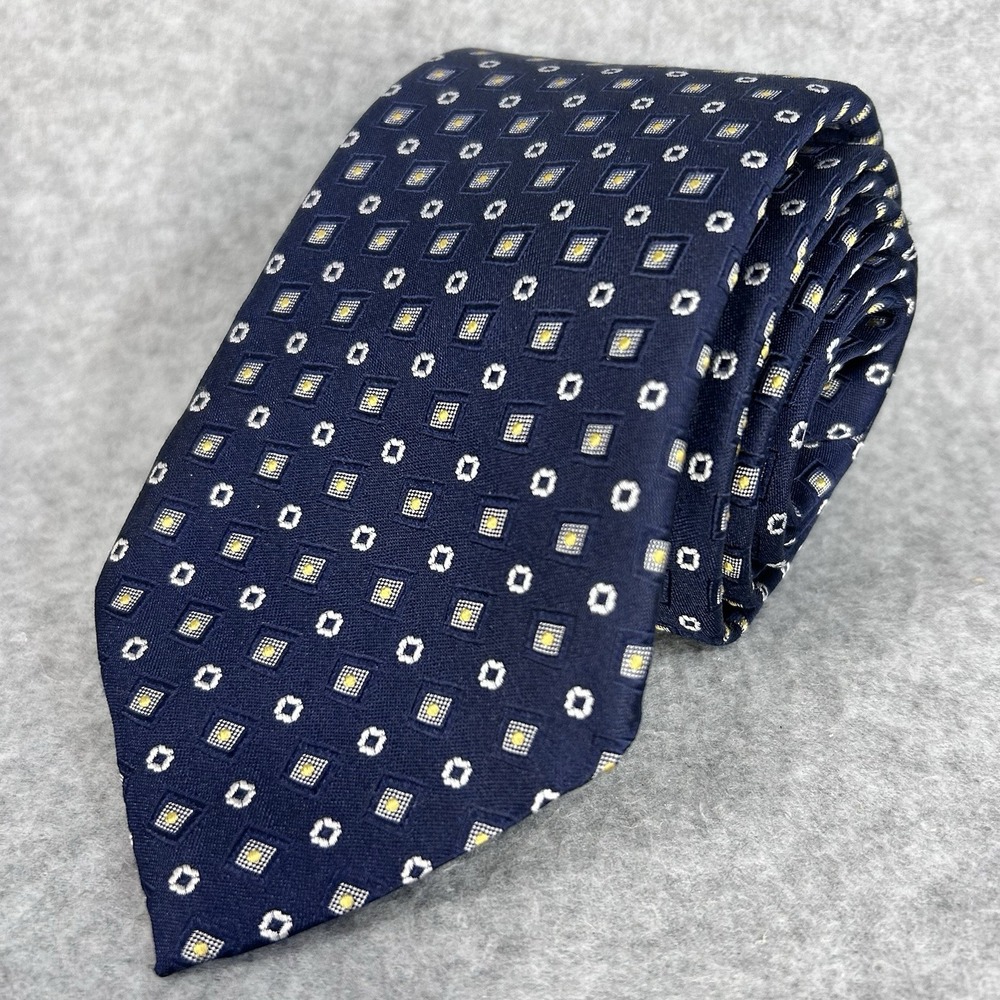 Cremieux Collection Hand Made Blue on Light Blue W Yellow Geometric Silk Tie